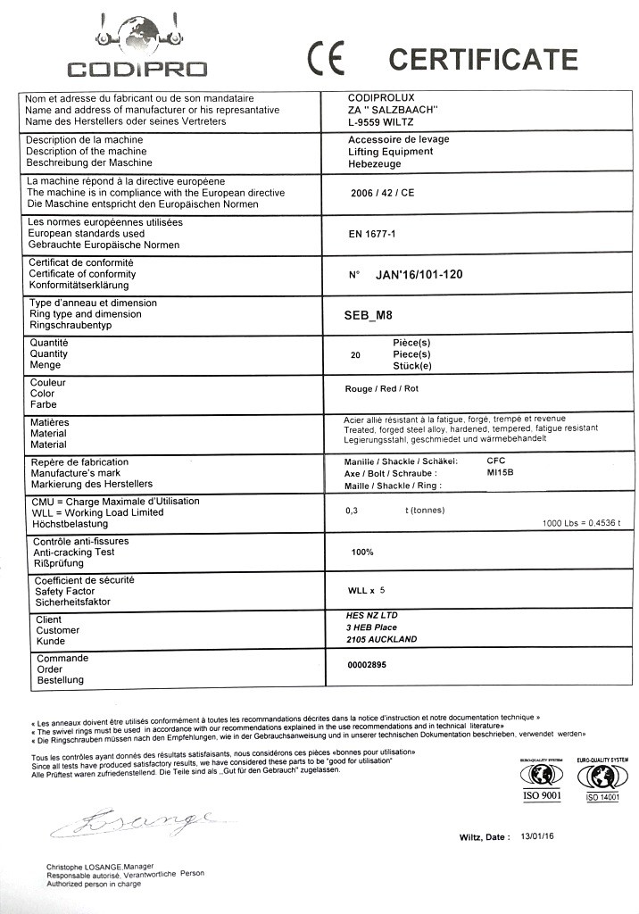 CODIPRO Lifting Eye Certificates