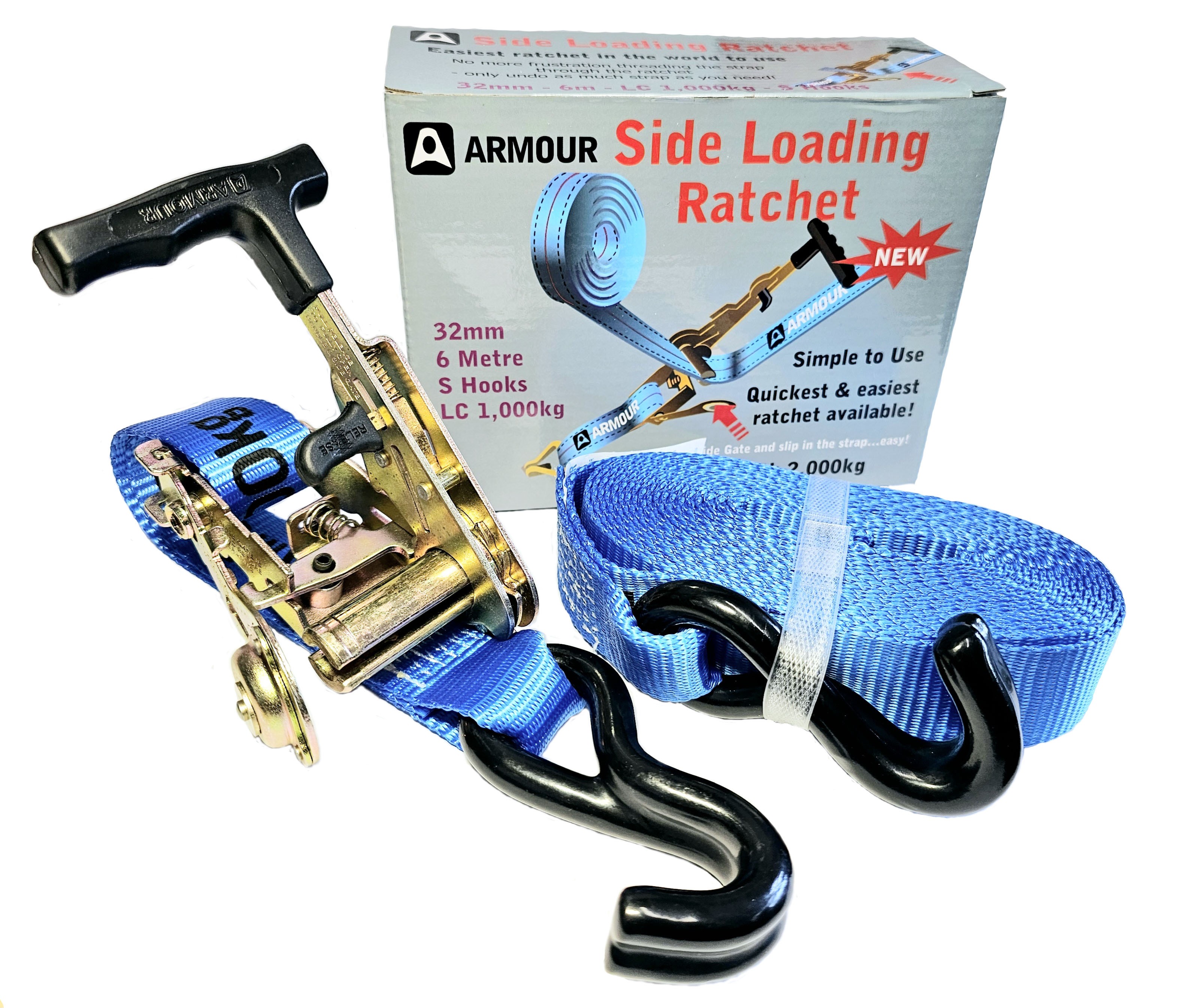 1.0T QUICK Side Loading Ratchet Tie Down 32mm 6m c/w S Hks